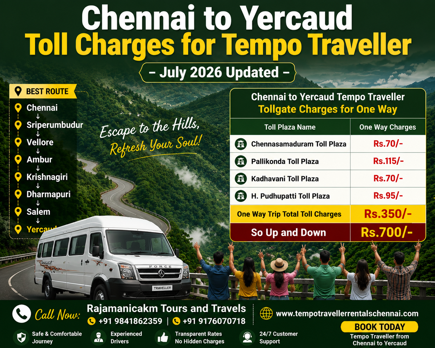 Chennai to Yercaud Toll Charges for Tempo Traveller