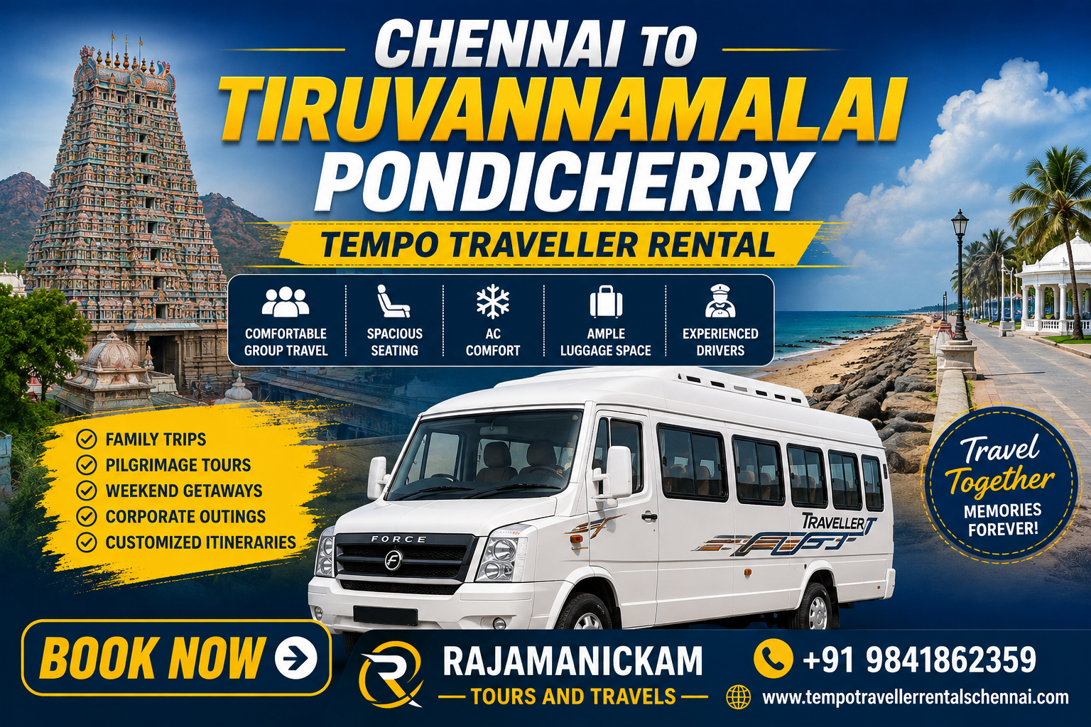 Chennai to Tiruvannamalai Pondicherry Tempo Traveller Rental