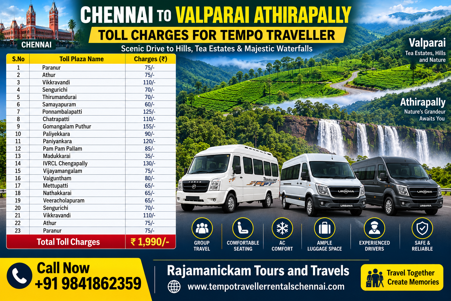 Chennai to Valparai Athirapally Tempo Traveller Price Distance Toll Charges Guide